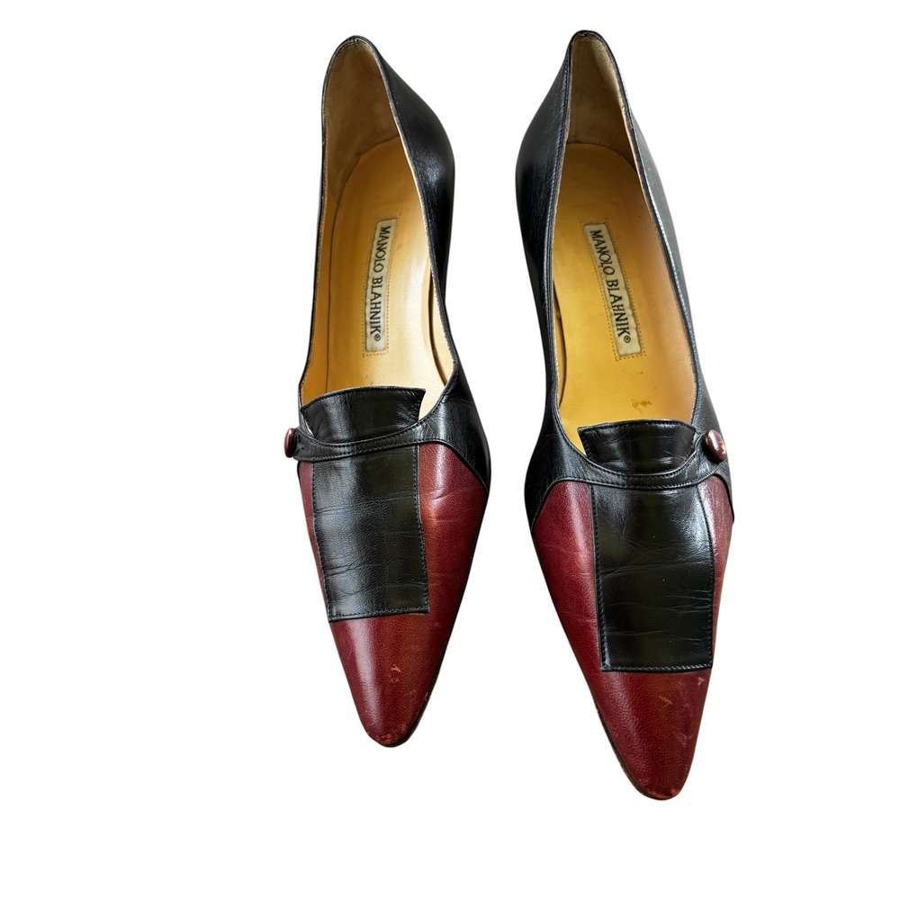 Vintage Manolo Blahnik Kitten Heels 36 Black Burgundy Two-Tone Leather Pumps
